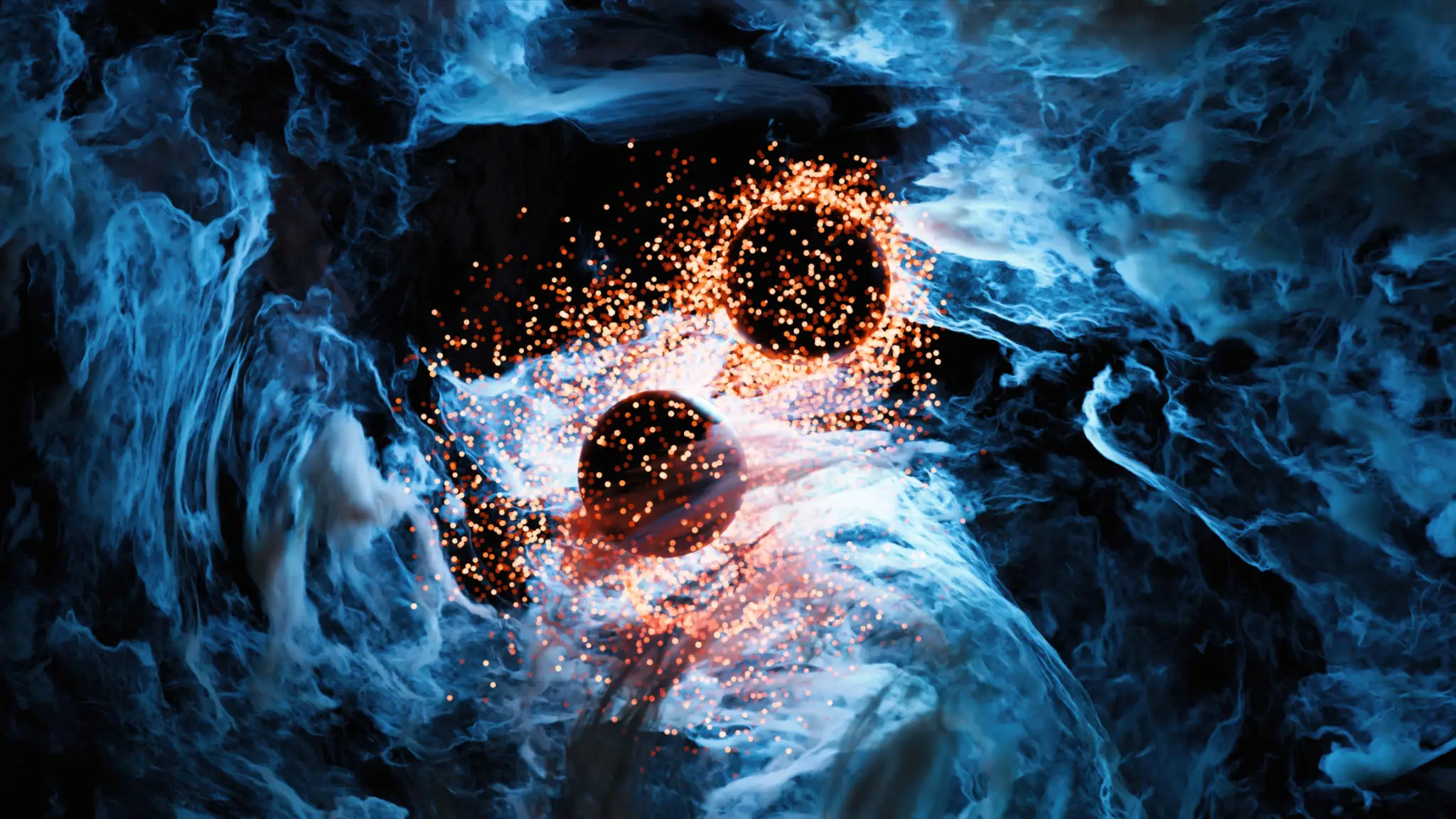 Galactic scene with two fiery spheres surrounded by cosmic clouds.