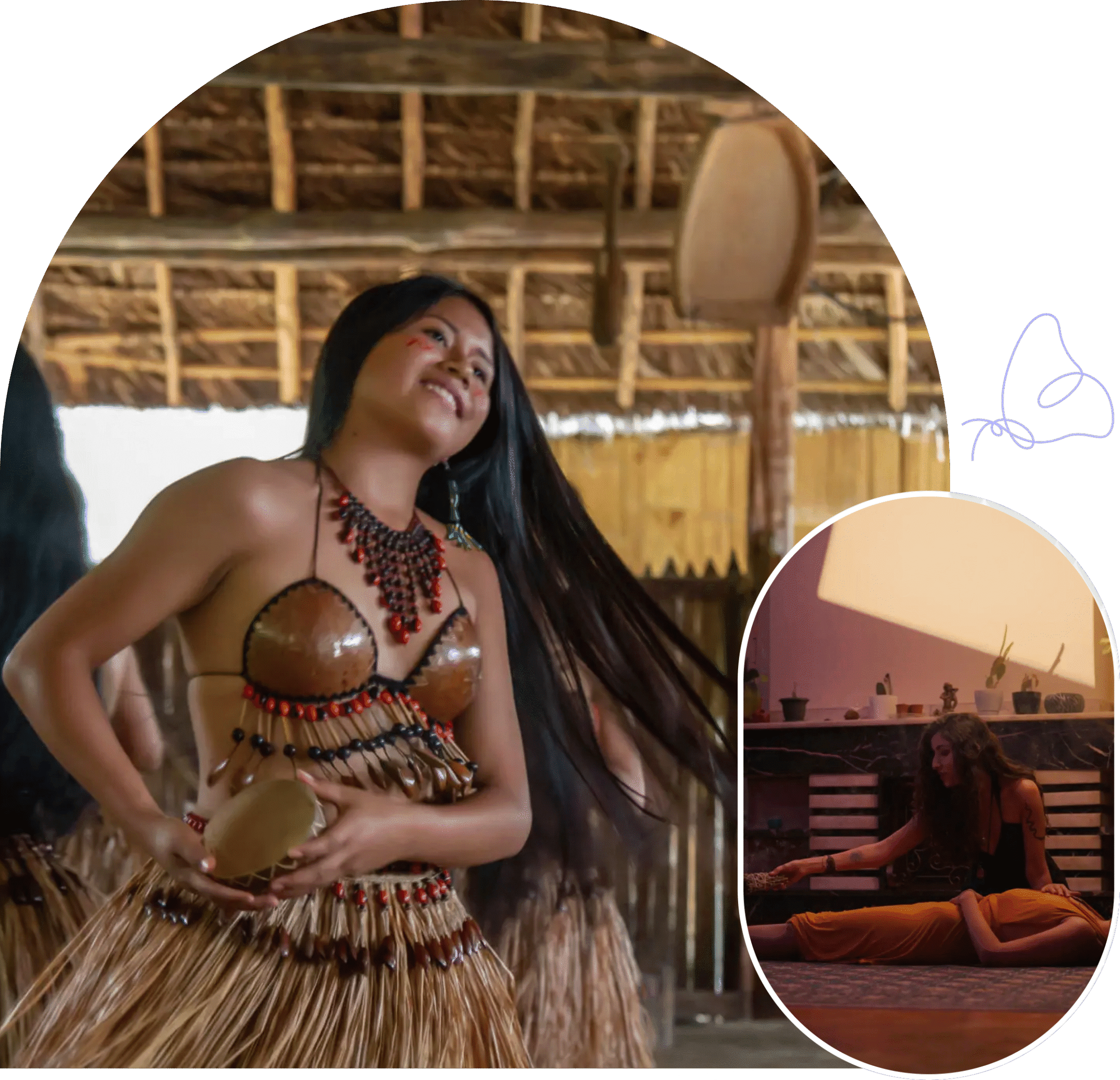 A woman in traditional attire dances joyfully in a rustic setting.
