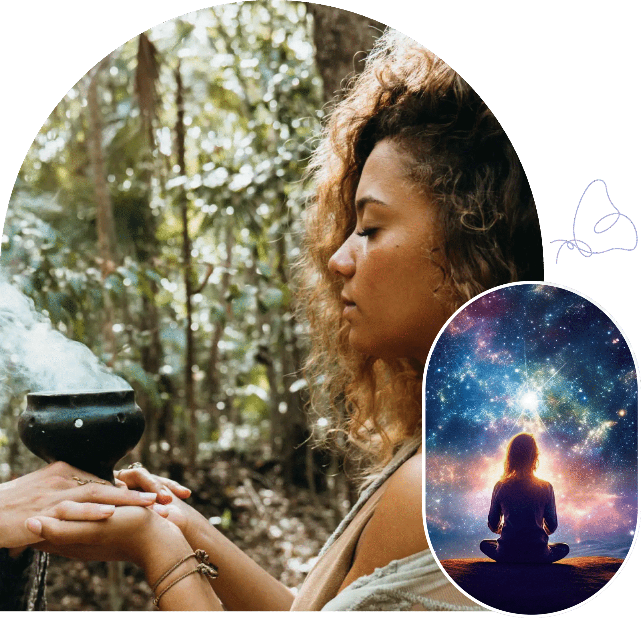 Woman meditating outdoors with cosmic overlay.