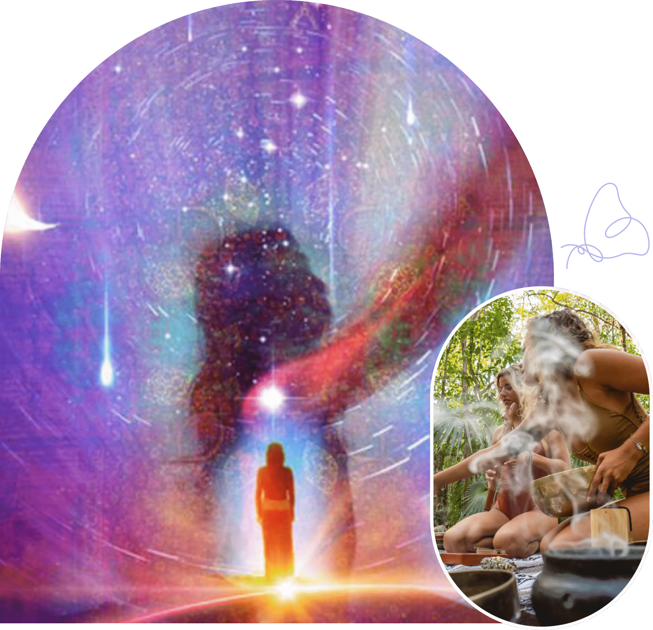 A person reaching out inside a glowing, colorful cosmic tunnel.