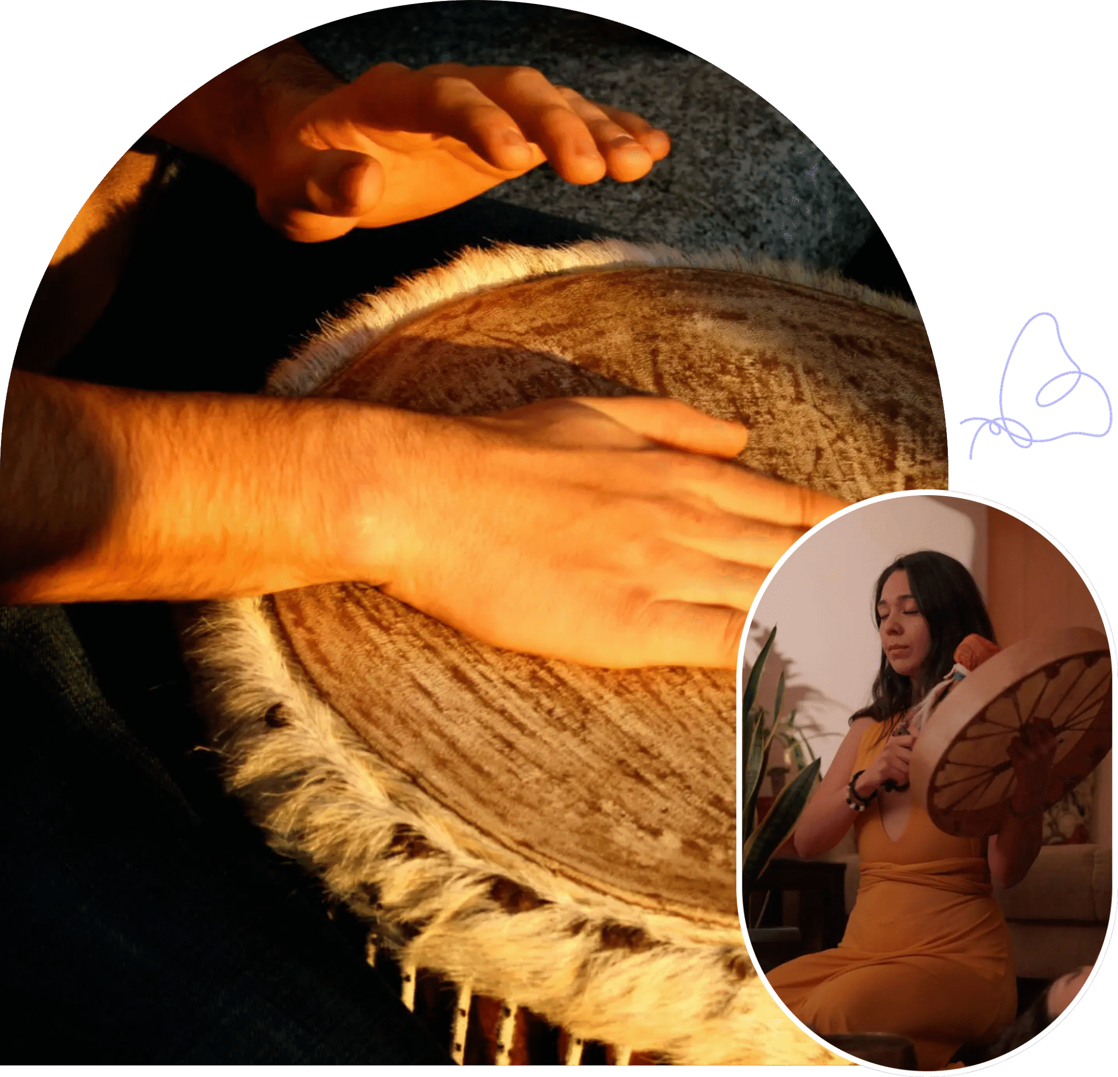 Hands rhythmically playing a drum under warm light.