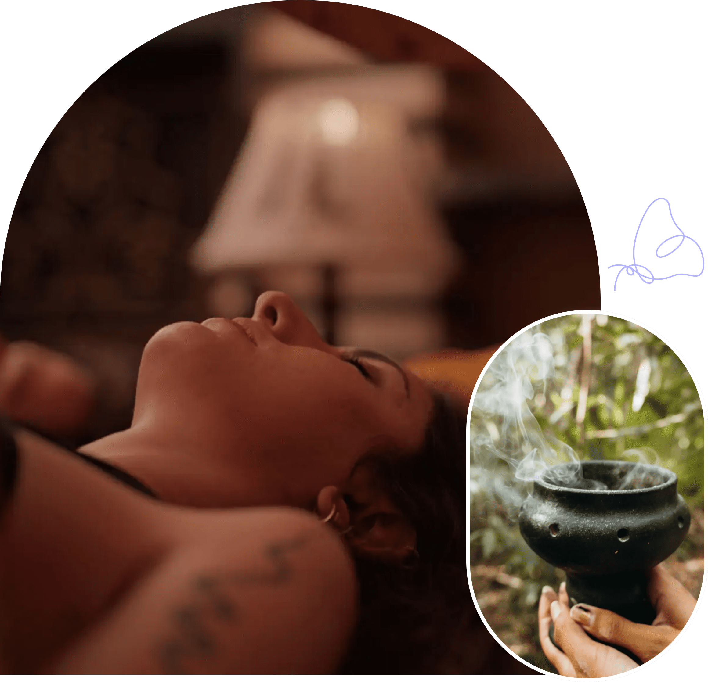 A woman relaxes indoors with a serene water fountain beside her.