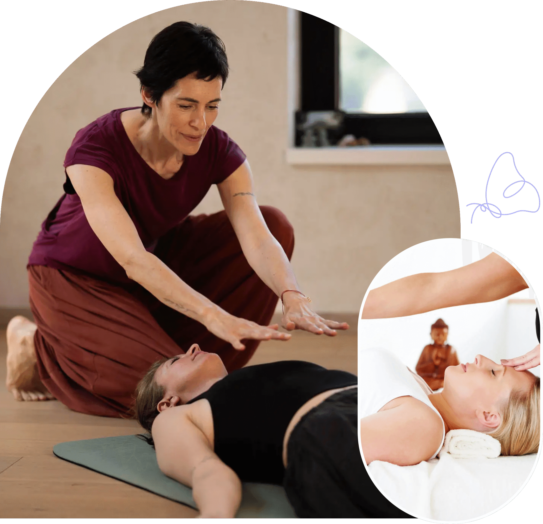 A woman giving a back massage to a person lying down.