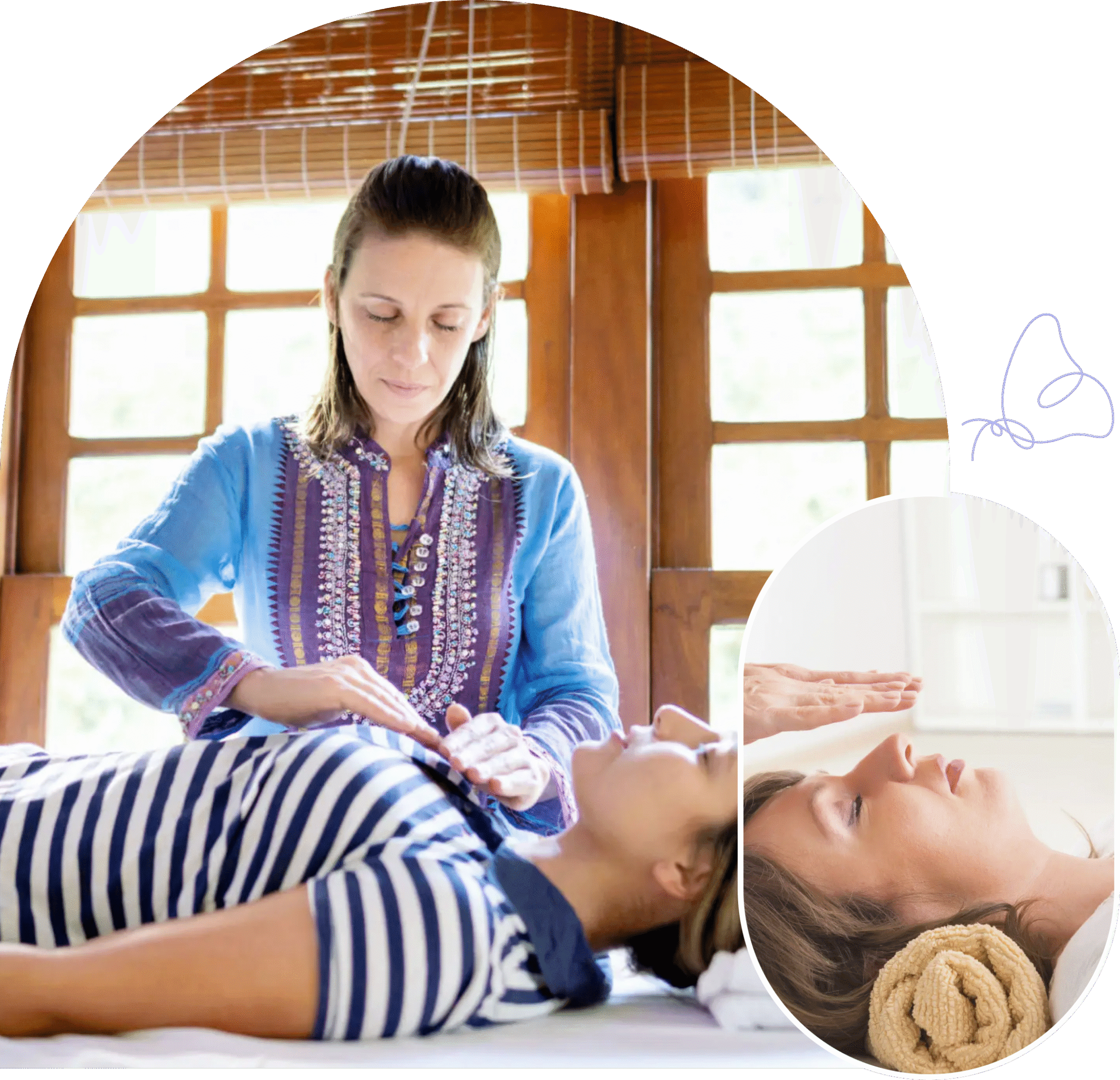 Woman practicing Reiki healing on a lying person indoors.