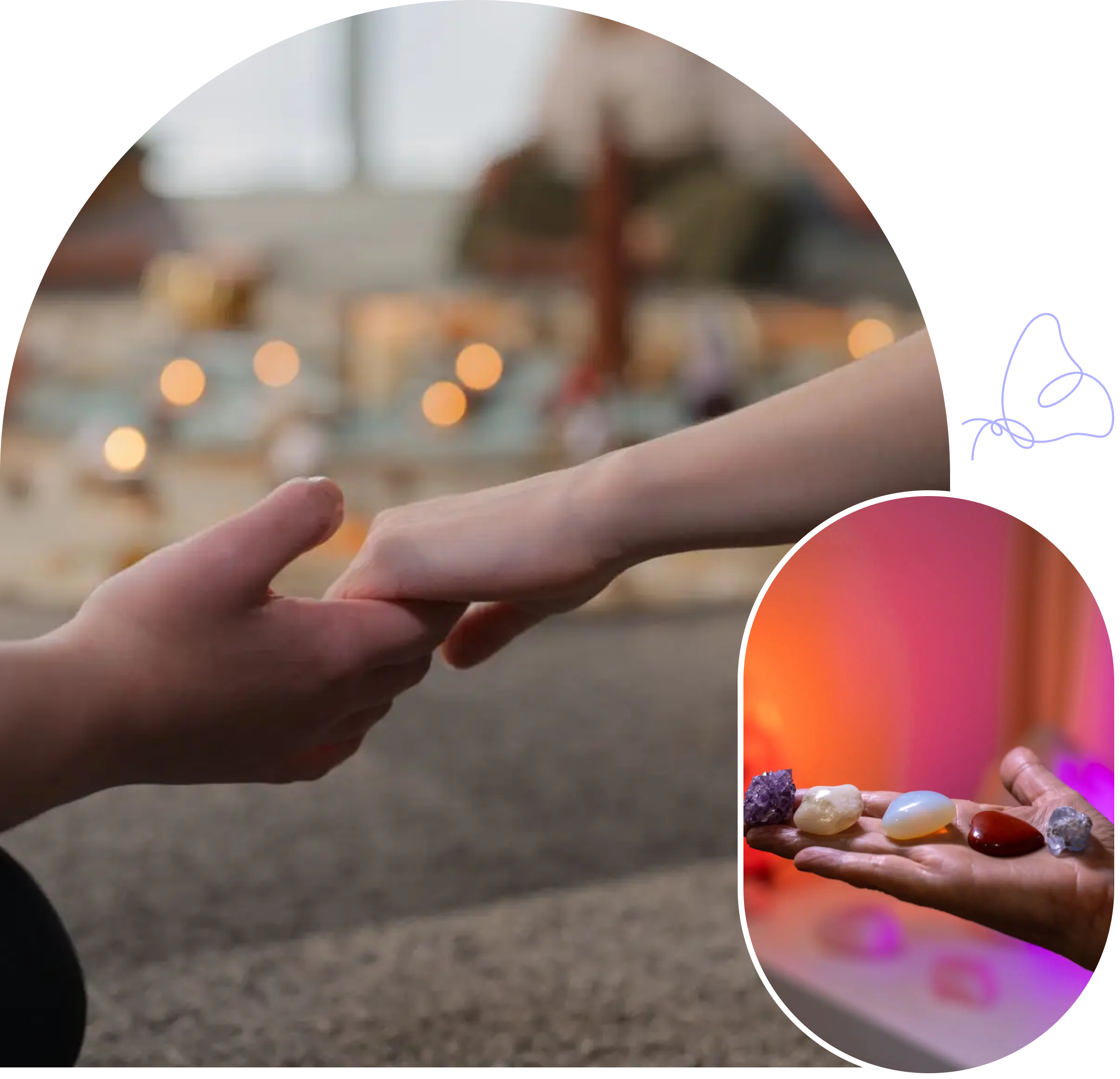 Two people holding hands tenderly in a warm, intimate setting.