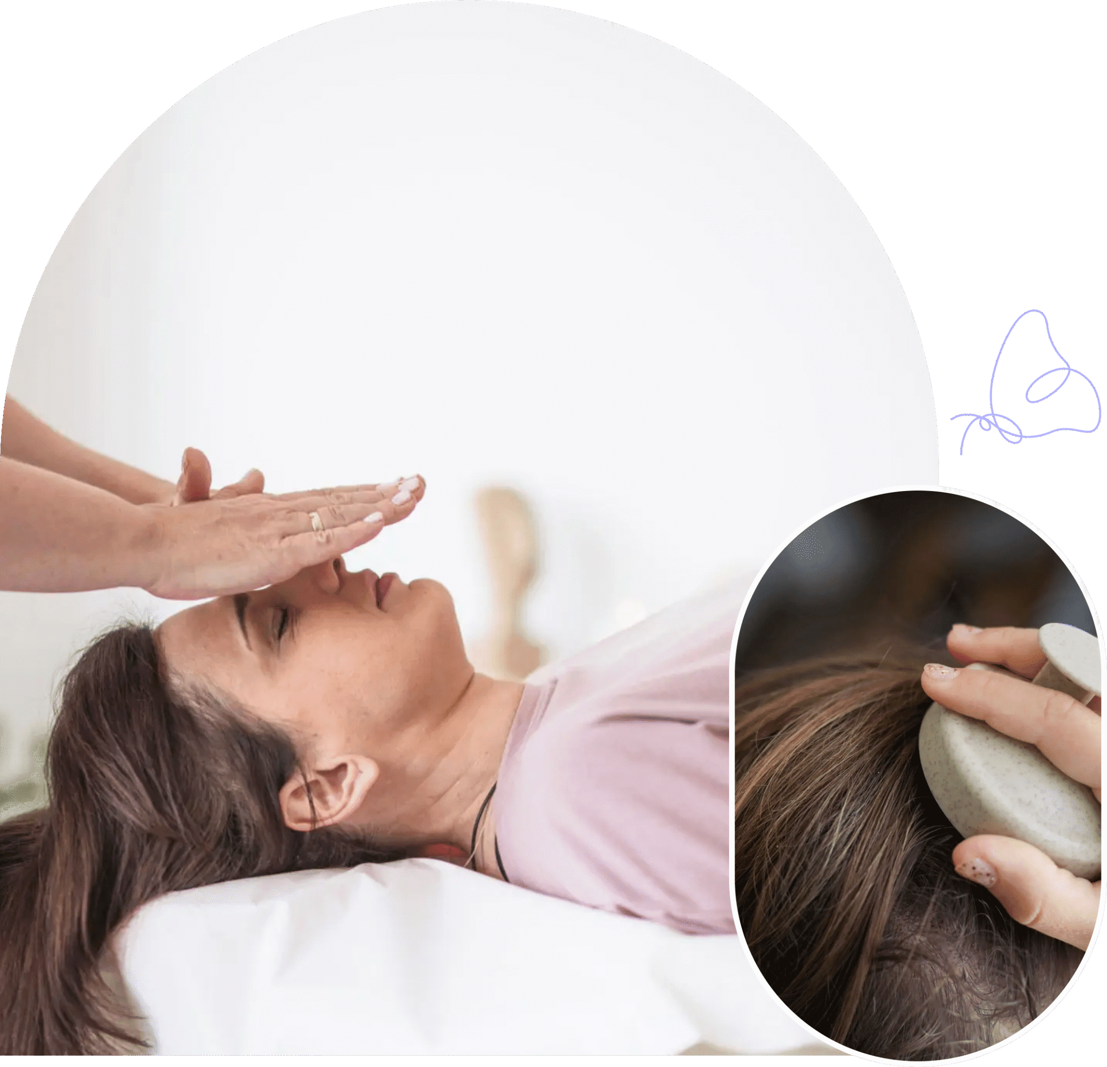 A woman receiving a forehead massage in a serene setting.