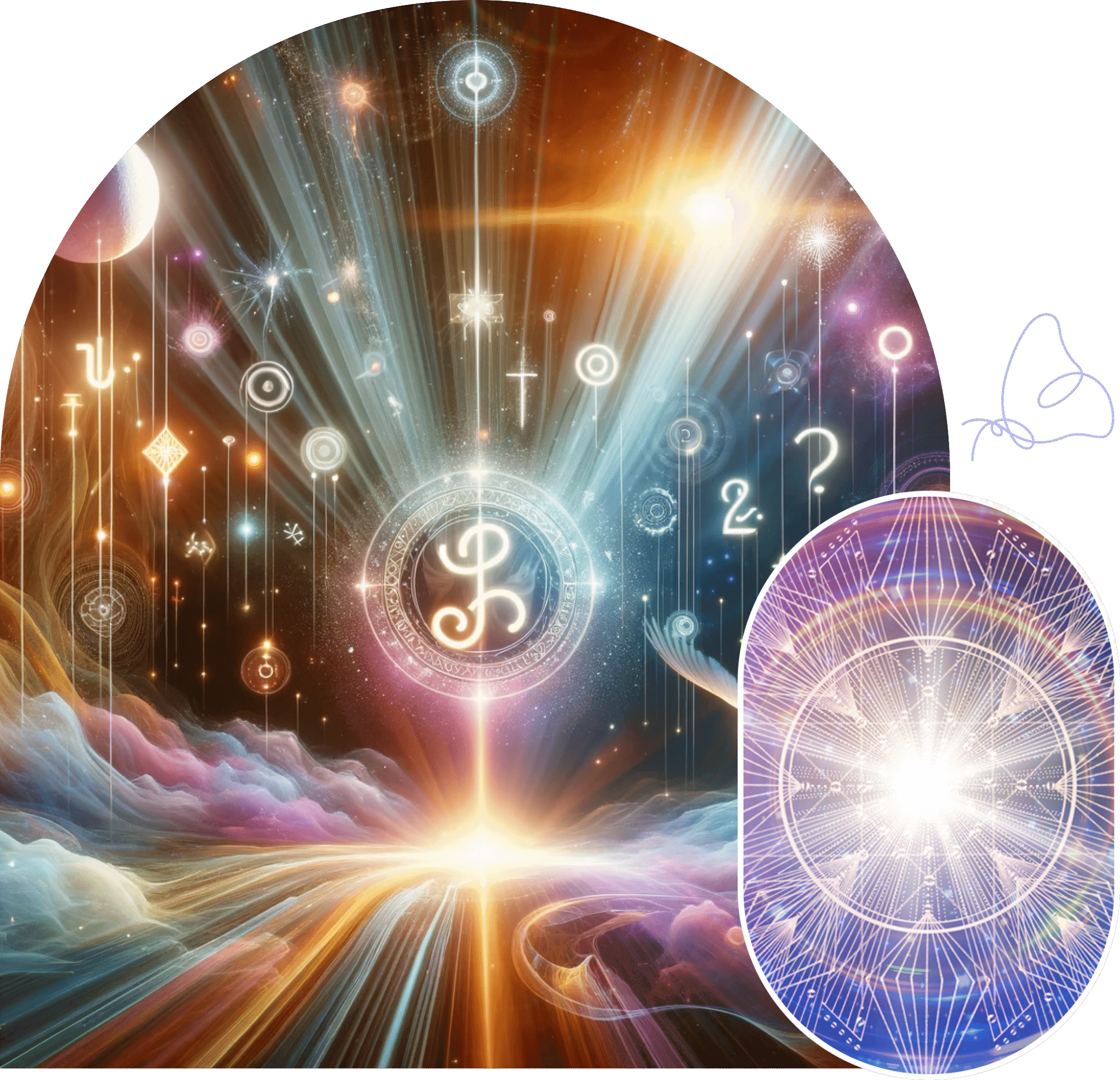 A mystical scene with glowing numbers, a treble clef, and radiant light orbs.