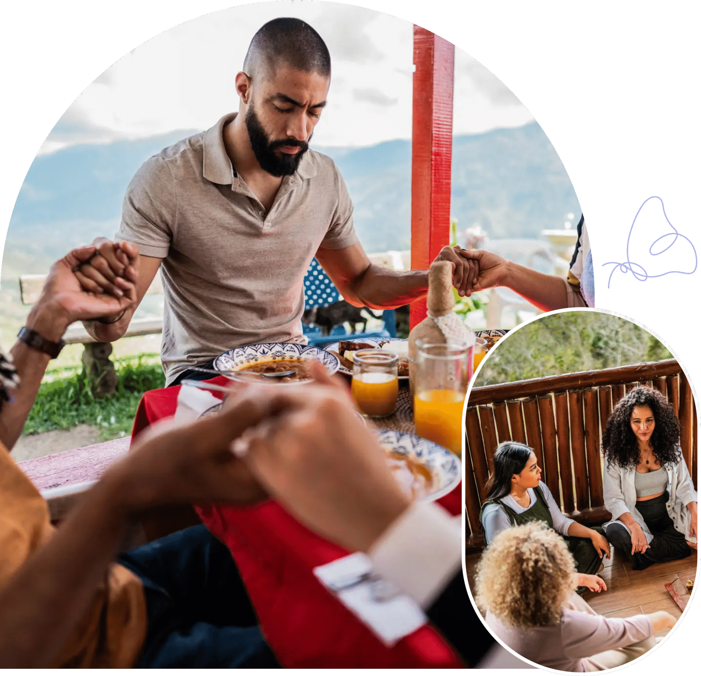 Group holding hands in a circle outdoors during a meeting.