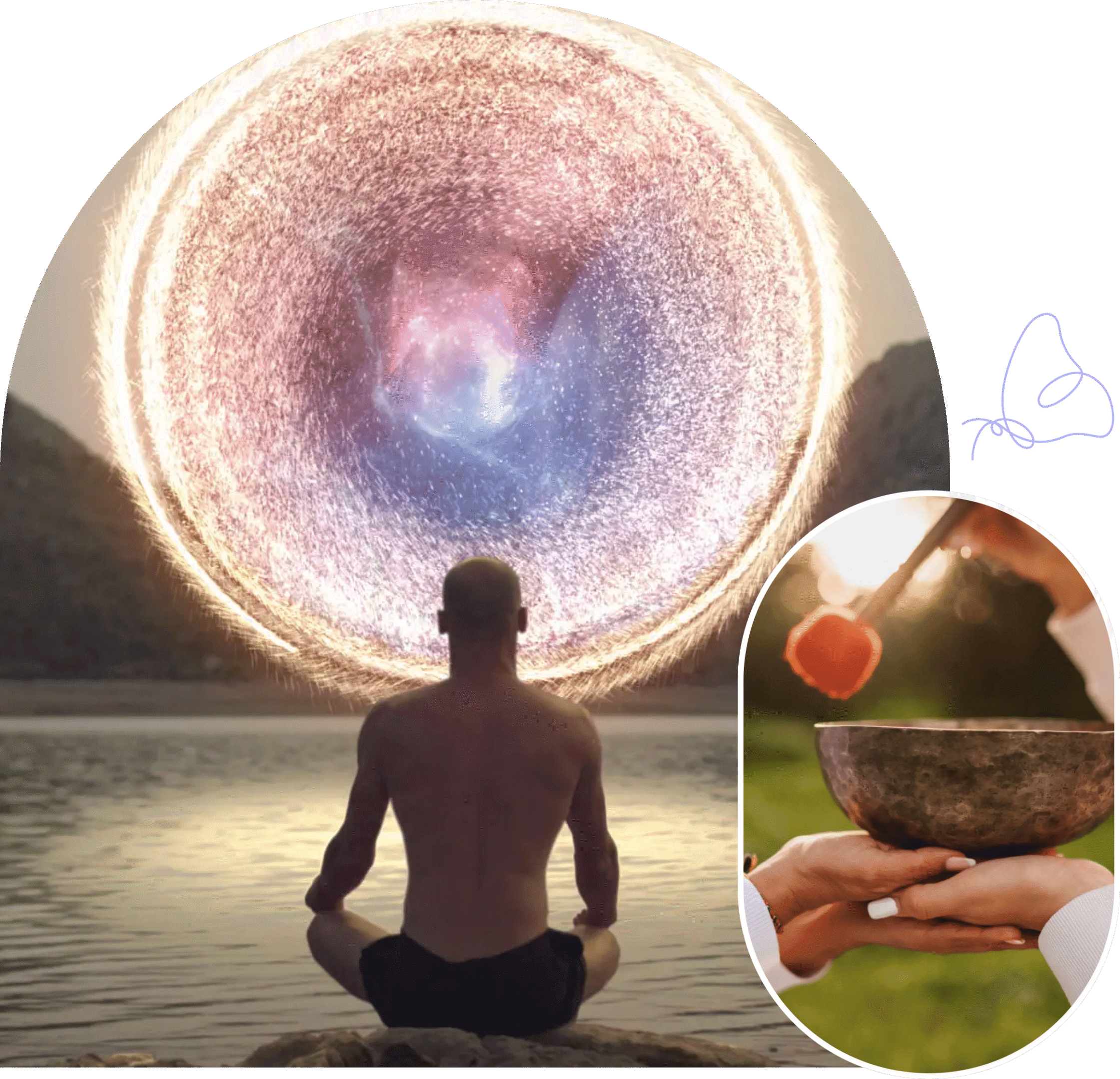 Person meditating with a glowing circular aura behind them at sunset.