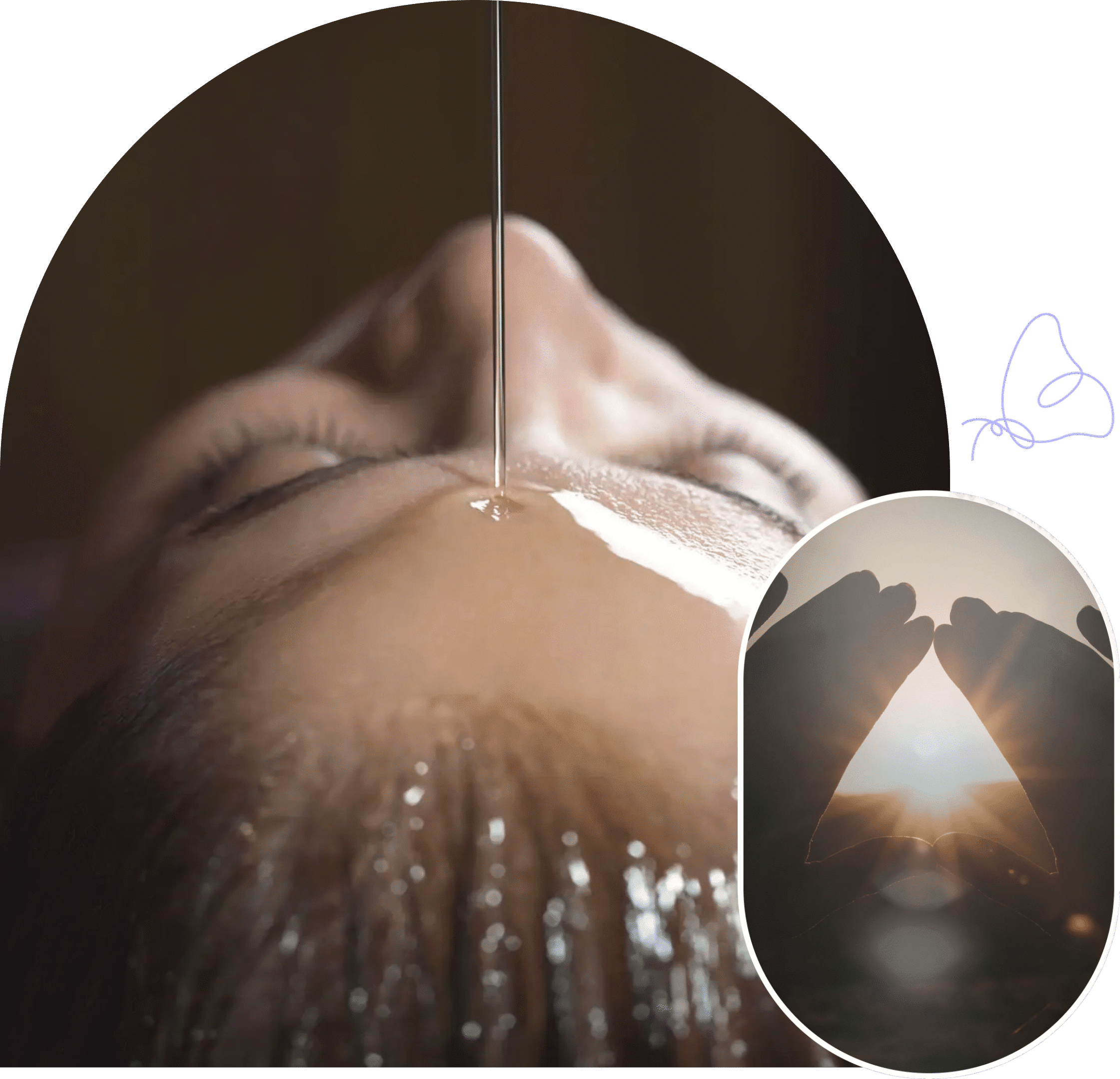 A person receiving a relaxing oil drip on their forehead during a spa treatment.