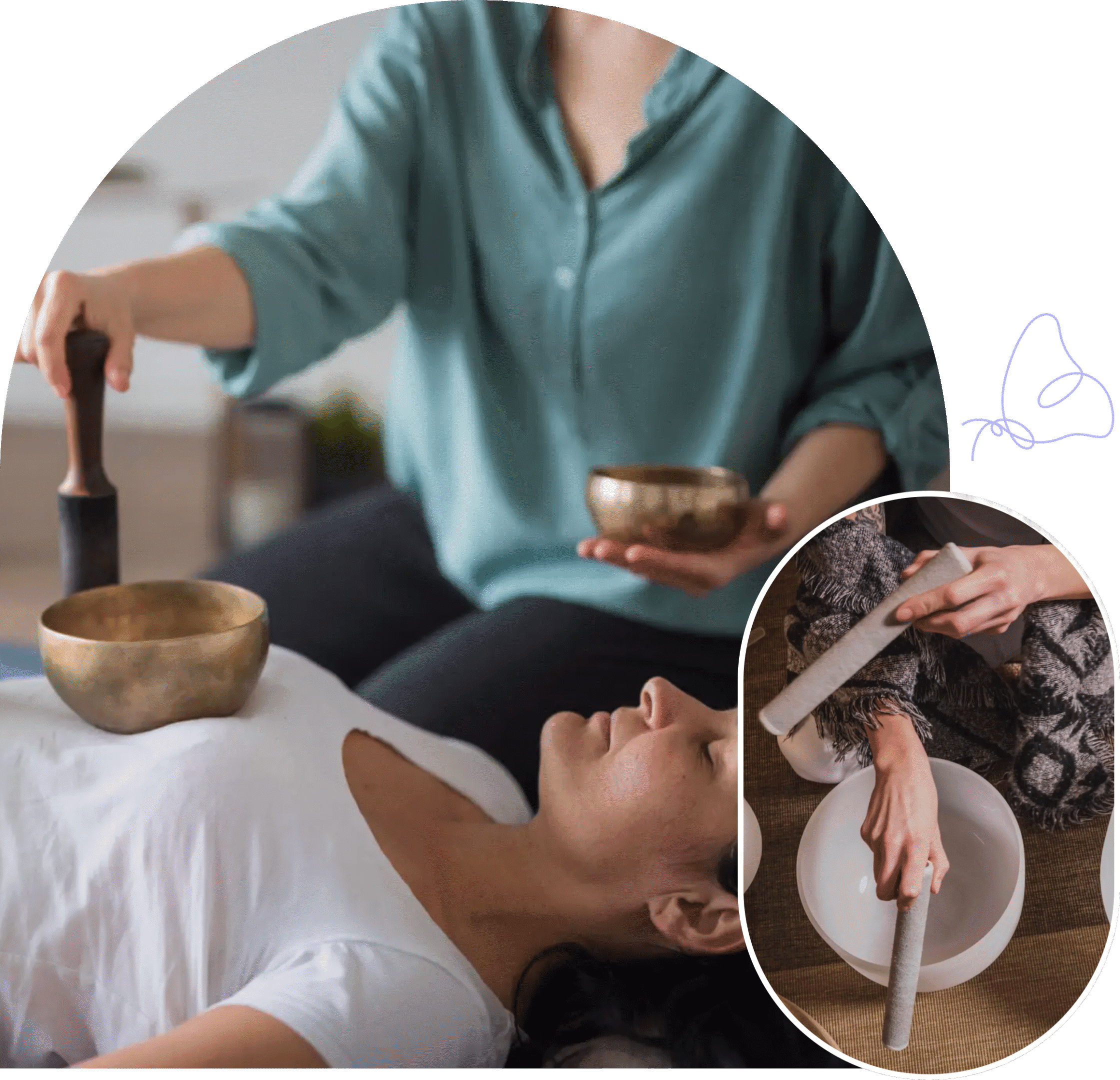 A woman receiving a relaxing sound therapy session with singing bowls.