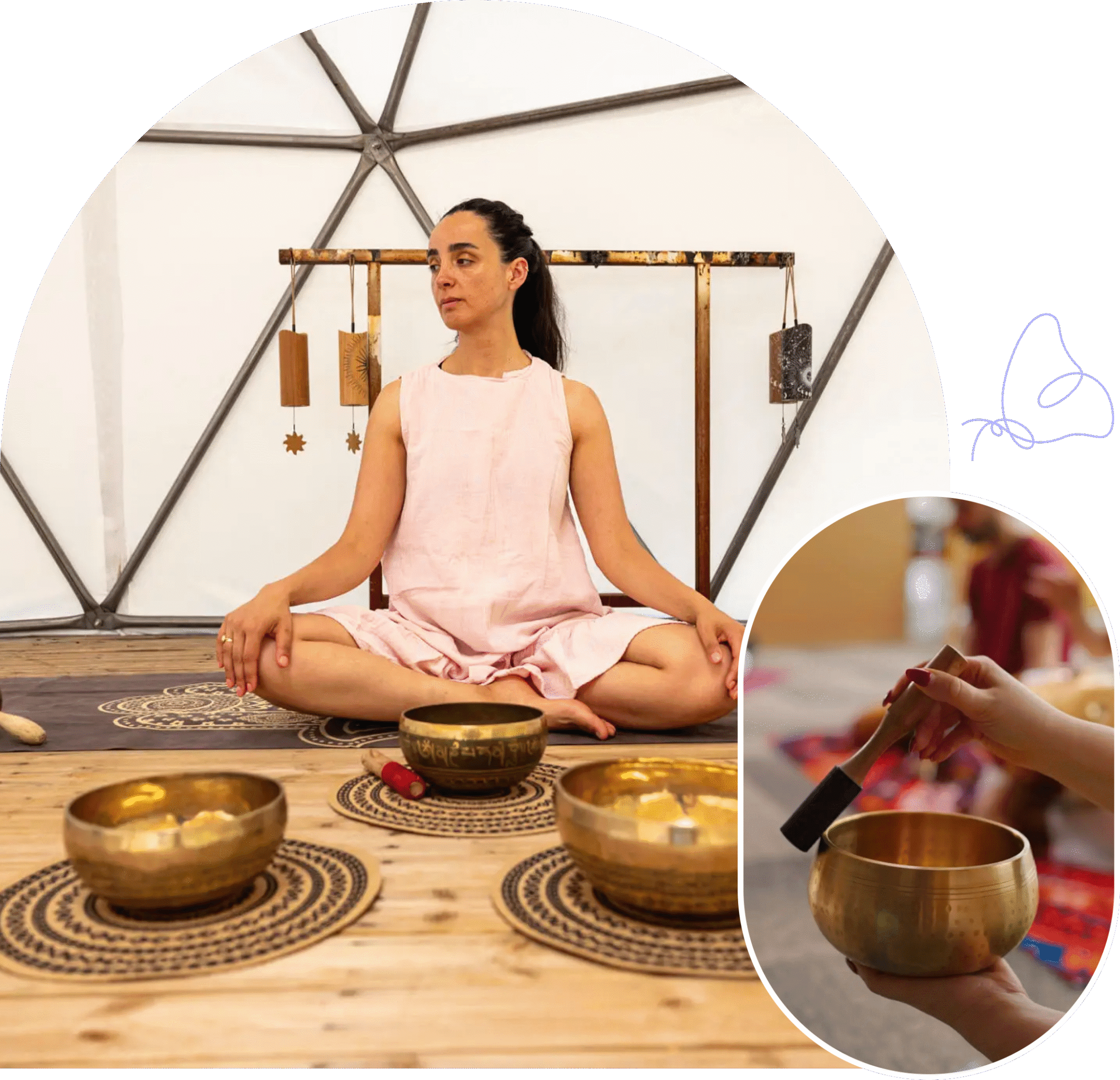 Woman meditating surrounded by Tibetan singing bowls in a peaceful setting.