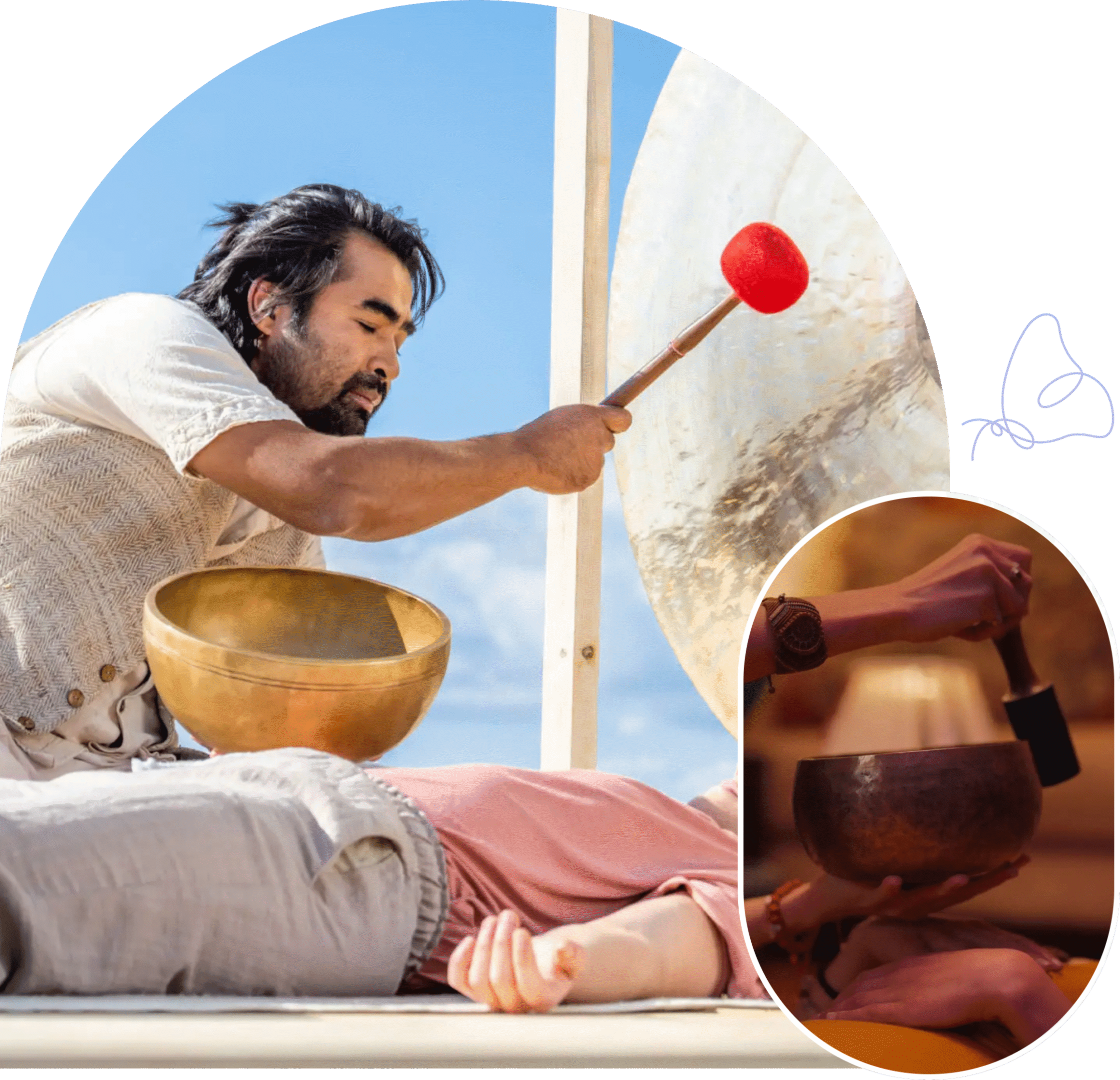 A man playing a gong with a mallet outdoors under a clear sky.